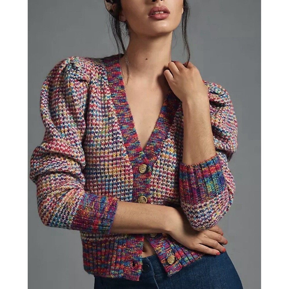 Design History Rainbow Space Dye Cardigan Sweater Puff Sleeve Cropped M Medium